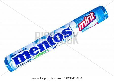 LONDON UK - OCTOBER 13TH 2016: An unopened pack of Mint Mentos over a plain white background on 13th October 2016. The Mentos brand is owned and produced by the Perfetti Van Melle corporation.