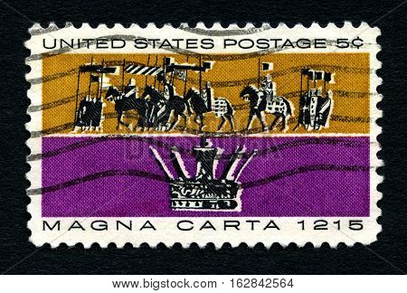 UNITED STATES OF AMERICA - CIRCA 1965: A used postage stamp from the United States of America dedicated to the creation of the Magna Carta circa 1965.