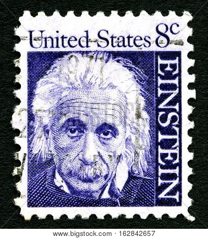 UNITED STATES OF AMERICA - CIRCA 1965: A used postage stamp depicting a portrait of famous physicist Albert Einstein (1879-1955) printed in America circa 1965. The stamp commemorates the 10th year since his death.