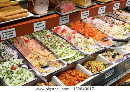 Saint Germain en Laye France - june 12 2016 : food in a caterer shop