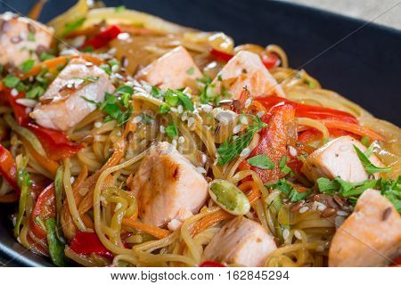 Close Up Of Salmon Pasta And Veggetables