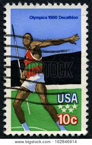 UNITED STATES OF AMERICA - CIRCA 1980: A used postage stamp from the USA illustrating a Javelin scene and commemorating the 1980 Olympic Games circa 1980.