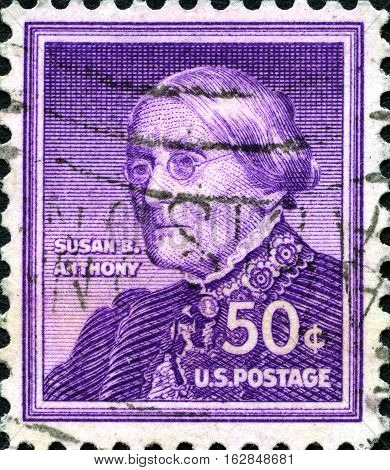 UNITED STATES OF AMERICA - CIRCA 1955: A used postage stamp from the USA depicting a portrait of Susan B. Anthony - a fighter for womens rights circa 1955.