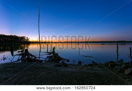Manasquan Reservoir in New Jersey USA about 20 minutes after sunset during the blue hour