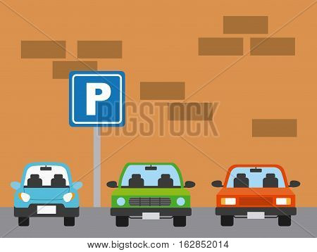 sign of parking zone and parked cars icon over white background. colorful design. vector illustration