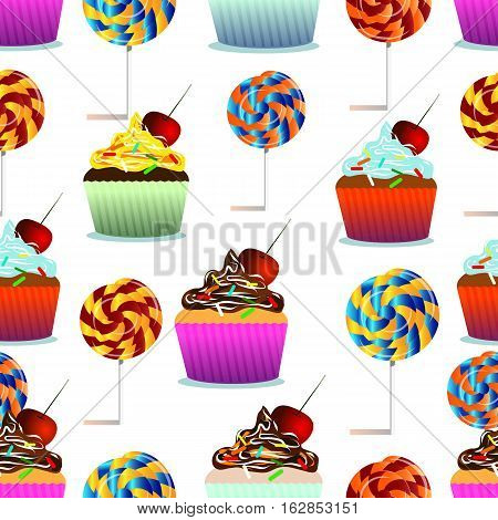 Vector seamless pattern. Pastry cute cupcakes lollipops. White background. Can use them for your design in prints card making blogs website  or even for printing on fabrics.