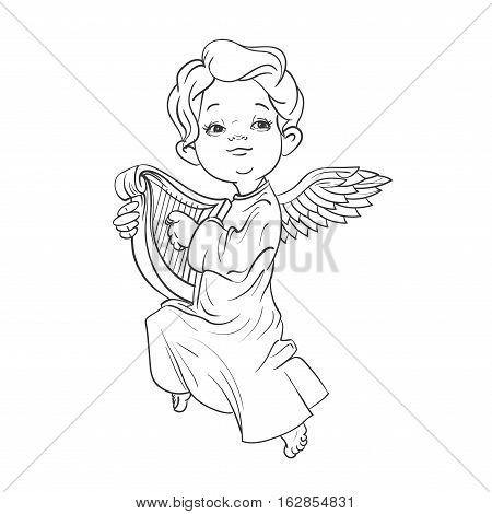 Cute smiling toddler angel making music playing harp. Vector illustration. Good for seasonal greeting, redwork, coloring page. Ink line work, contour