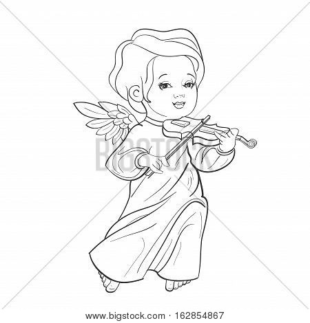Cute smiling toddler angel making music playing violine. Vector illustration. Good for seasonal greeting, redwork, coloring page. Ink line work, contour