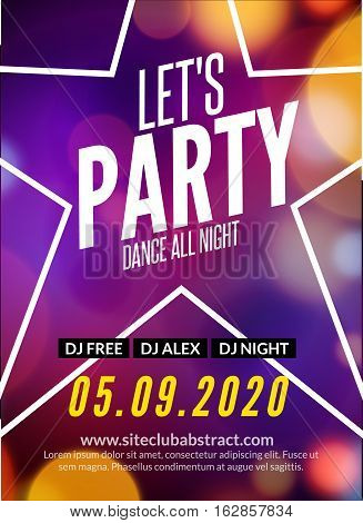 Lets celebrate New Year party design flyer template with multicolored bokeh lights background. Holiday festive xmas poster.