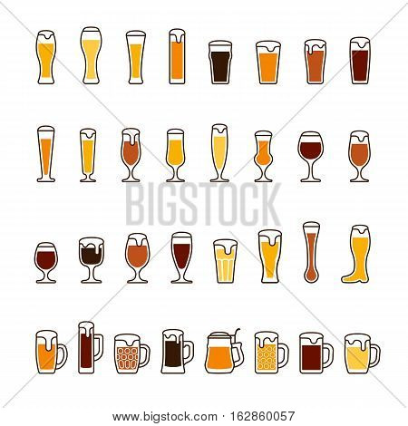 Beer in glasses and mugs with foam, various colors. Vector icon set