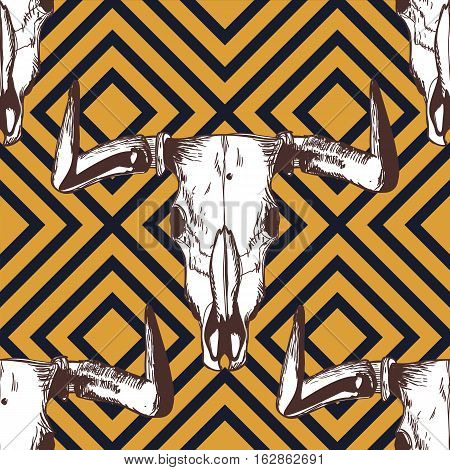 Vector Seamless Striped Pattern With Hand Drawn Buffalo Skulls. Tribal Grunge Ornament.