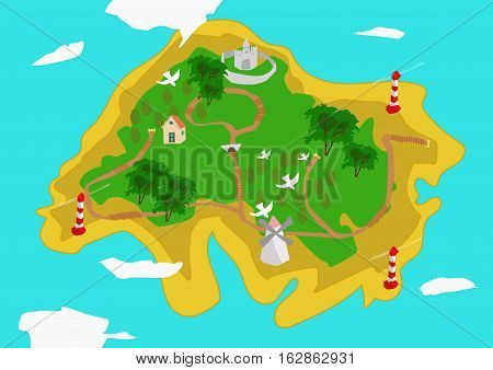 Green island with sandy shores surrounded by blue water. The island is depicted settlements, roads, windmill, castle, trees and boundary markers.