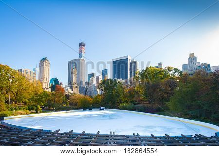 Wollman Rink in New York City's Central Park on a clear day