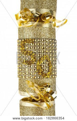 A shot of a 50th Birthday or Anniversary Cracker also known as a Bon Bon. A cracker consists of a cardboard tube wrapped in a brightly decorated twist of paper with a gift in the central chamber.