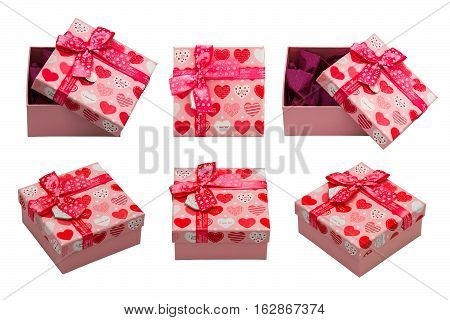 A box with red hearts. Valentines Day concept. Isolated white background.
