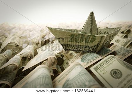 Ship from dollar paper in the money sea concept composition photo