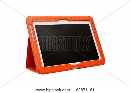 The tablet in the orange case. Isolated white background.