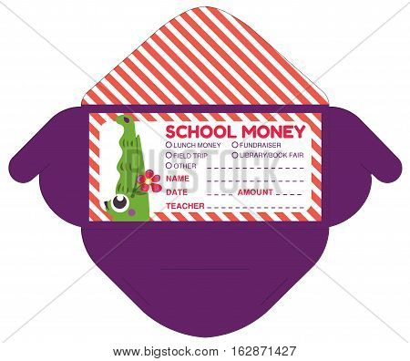 Personalized school money envelop with teacher notes.Funny exotic crocodile.Vector template packet