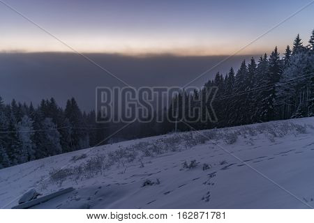 Sunrise In Jeseniky Mountains In Christmas Time Near Kralicky Sneznik Hill