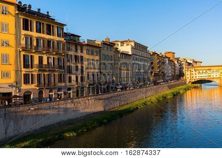 Historical Buildings Along The River Arno In Florence, Italy