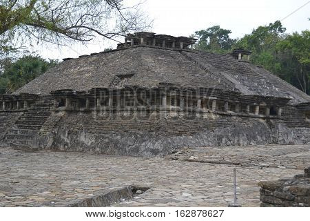 Ruins and drainage canals  at the pre-Columbian archeological site El Tajin in Papantla, Veracruz, Mexico