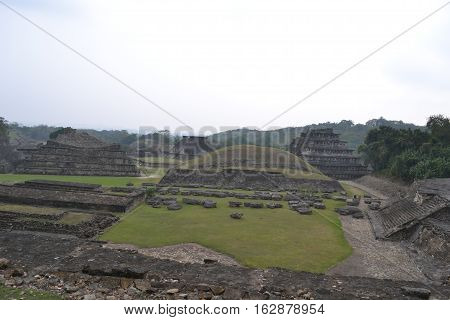Ruins of pyramid at the pre-columbian archeological site known as El Tajin located in Papantla, Veracruz, Mexico taken during a thunderstorm