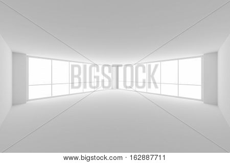 Business architecture white colorless office room interior - empty white business office room with white floor ceiling walls and two large windows and empty space 3d illustration wide angle view