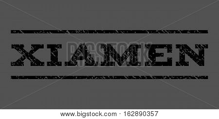 Xiamen watermark stamp. Text tag between horizontal parallel lines with grunge design style. Rubber seal stamp with scratched texture. Vector black color ink imprint on a gray background.