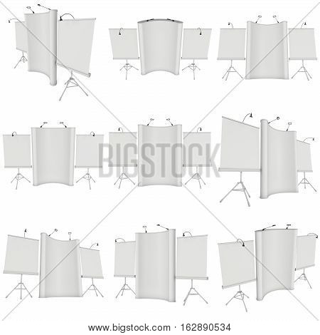Blank Roll and Pop Up Expo Banner Stand Group Set. Trade show booth white and blank. 3d render illustration isolated on white background. Template mockup for your expo design.