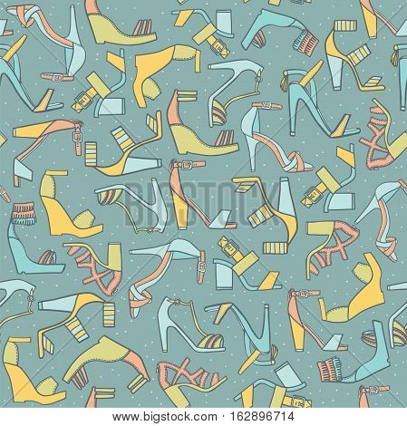 Seamless fashion pattern on blue background in pastel colors. Lots of various flat doodle sandals on high cone or platform heels. Beautiful footwear hand drawn good for wrapping paper and design