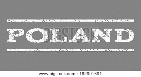 Poland watermark stamp. Text caption between horizontal parallel lines with grunge design style. Rubber seal stamp with unclean texture. Vector white color ink imprint on a gray background.