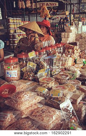 VIETNAM December 18 2012: Vietnamese street shop of dry seafood products