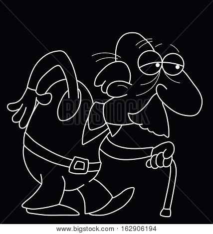 Monochrome outline cartoon old man isolated on black background