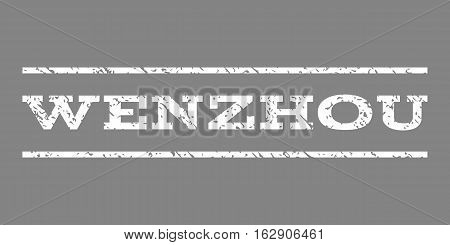 Wenzhou watermark stamp. Text tag between horizontal parallel lines with grunge design style. Rubber seal stamp with unclean texture. Vector white color ink imprint on a gray background.