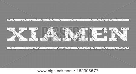 Xiamen watermark stamp. Text caption between horizontal parallel lines with grunge design style. Rubber seal stamp with unclean texture. Vector white color ink imprint on a gray background.