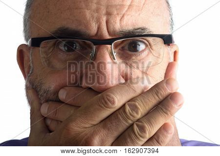 Man with hand in mouth with white background