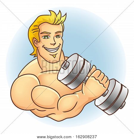 Man Holding Dumb Bell. Muscular arm. Vector illustration.