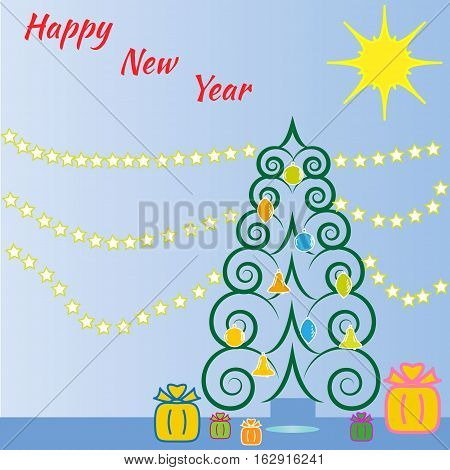Christmas tree from spirals with colorful christmas decoration.
