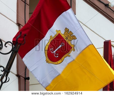 Odessa flag, Ukraine. Flag attached to the building.