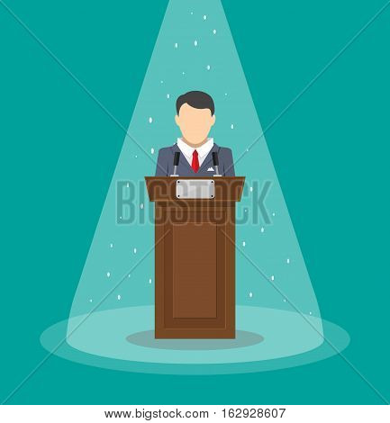 orator speaking from tribune. public speaker. vector illustration in flat style