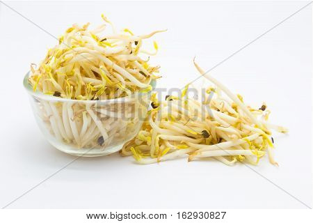 Bean sprouts on glass bowl, on white background