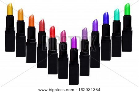 Set Of Color Lipsticks Forming V Shape. Lipstick Set Isolated On White Background