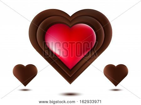 Chocolate Heart, Red Chocolate Heart, Isolated On White Background, Vector Illustration