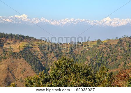 DHULIKHEL, NEPAL: View of the Himalayan mountains from Namobuddha near Dhulikhel