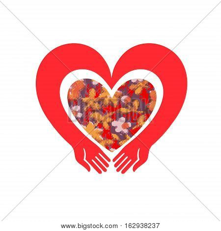 Pair of hands hugging floral heart. Cute vintage heart shape with flowers and leaves.