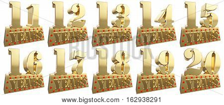 Set of golden digits on a gold ingot for the anniversary. 3d illustration