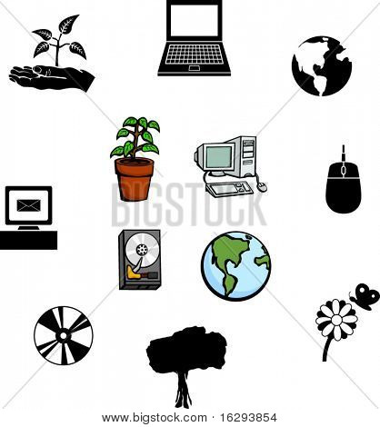 computer e illustrazioni di natura e set di simboli