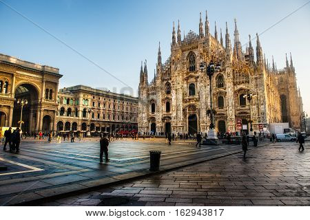 Milan Cathedral Duomo and Vittorio Emanuele II Gallery at Piazza del Duomo. Lombardy Italy