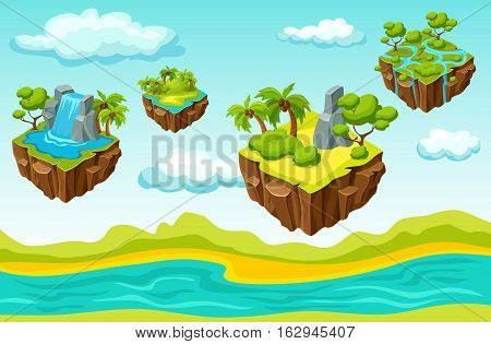 Computer game level including hanging islands with various sceneries on natural landscape background isometric template vector illustration