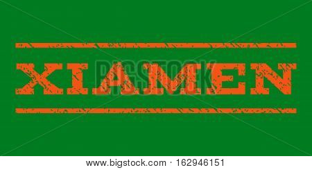 Xiamen watermark stamp. Text tag between horizontal parallel lines with grunge design style. Rubber seal stamp with dirty texture. Vector orange color ink imprint on a green background.
